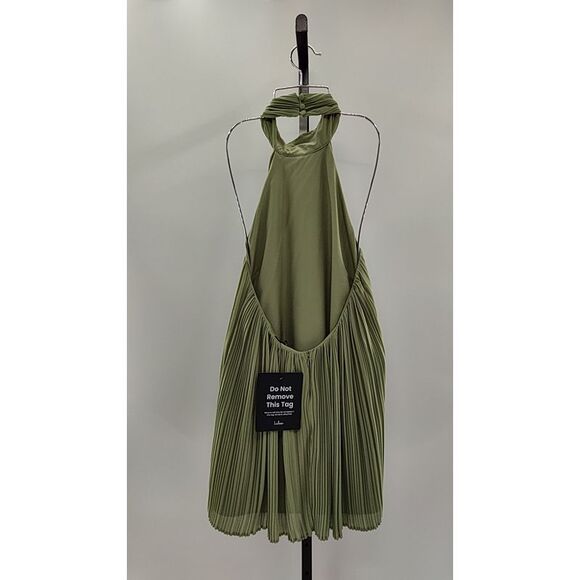 Lulus Women Gretchen Pleated Halter Backless Mini Dress Green Basic Sleeveless M - Picture 3 of 3